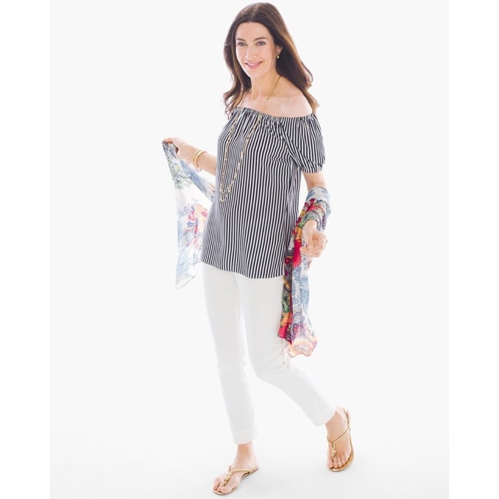 CHICOS Top Off The Shoulder Striped Blouse Top NWT